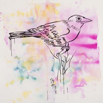 A painting of a bird with pink and yellow brushstrokes